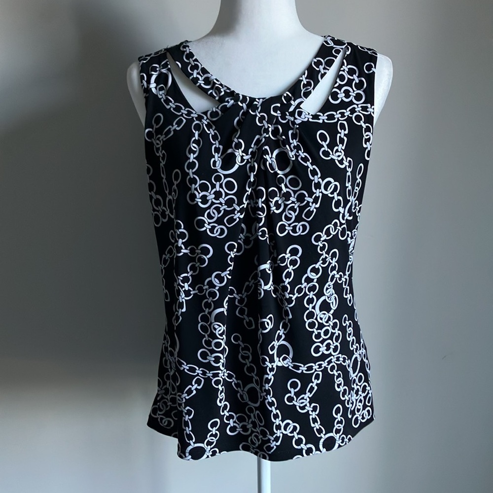 NINE WEST Sleeveless Blouse Black with White Chain Print Design - Easy Care